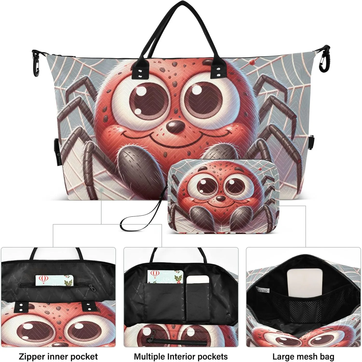 Cute Cartoon Spider Web Travel Duffle Women Makeup Pouch Set of 2, Modern Sports Dance Bag Weekender Travel Bag