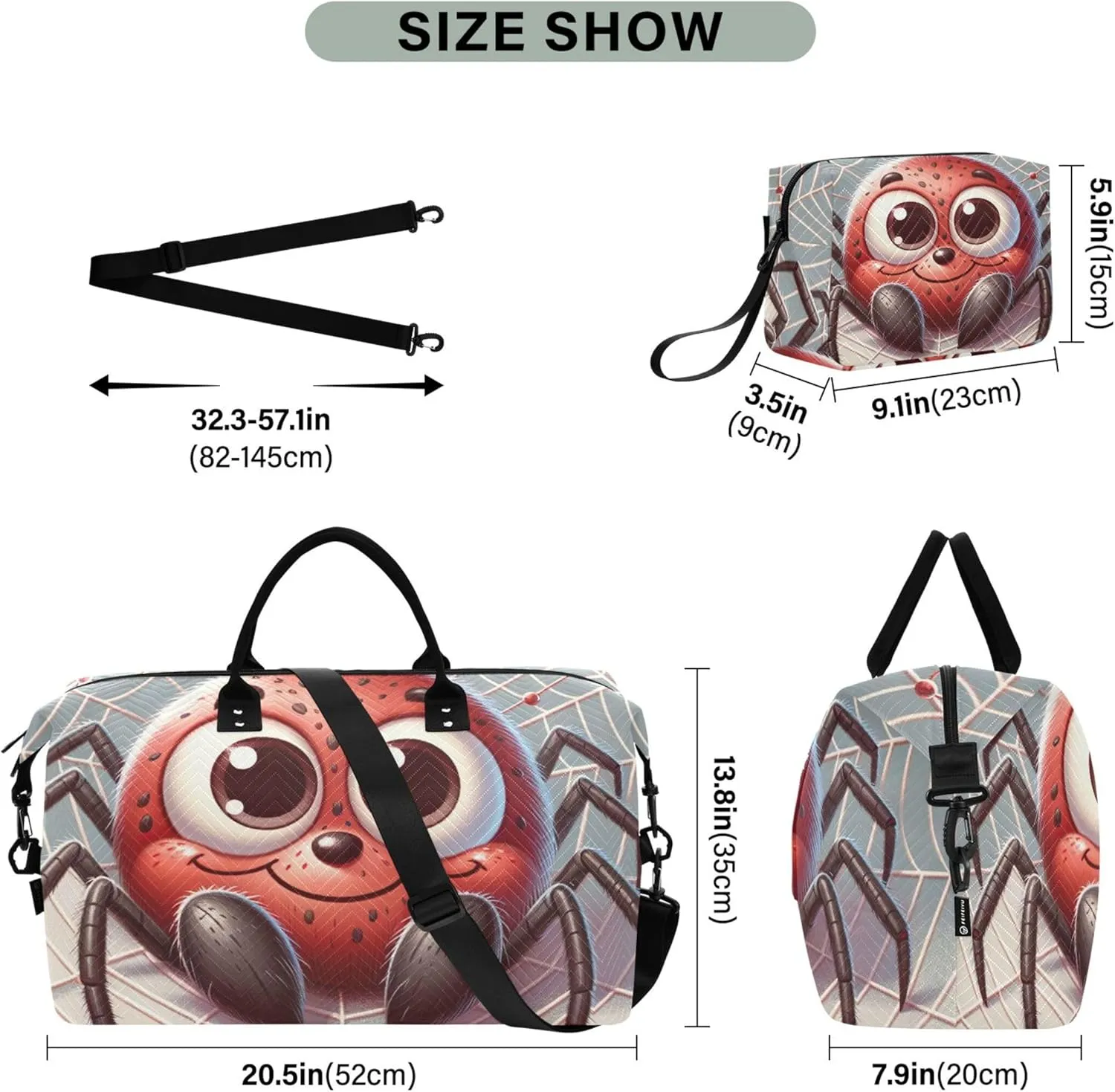Cute Cartoon Spider Web Travel Duffle Women Makeup Pouch Set of 2, Modern Sports Dance Bag Weekender Travel Bag
