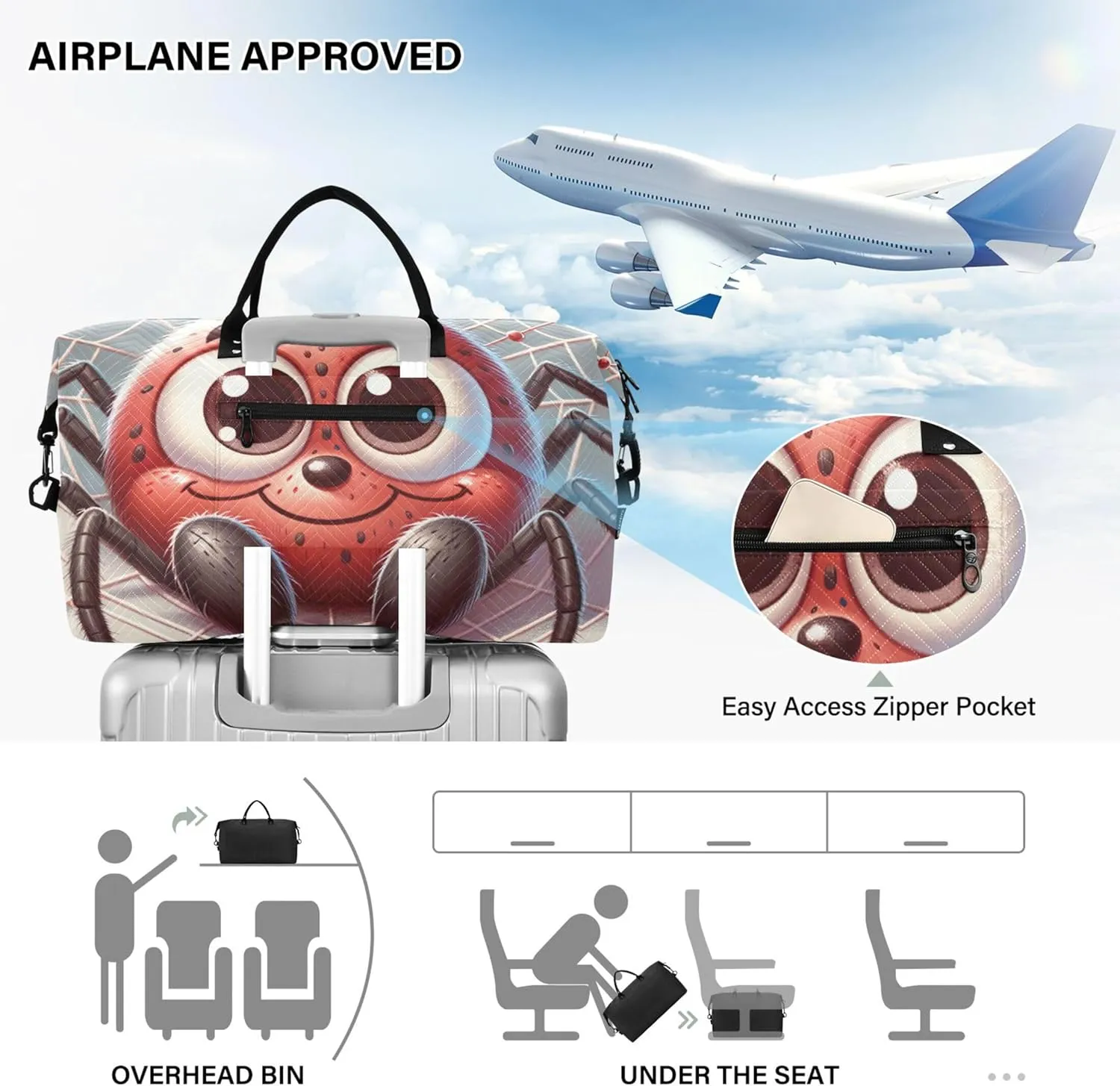 Cute Cartoon Spider Web Travel Duffle Women Makeup Pouch Set of 2, Modern Sports Dance Bag Weekender Travel Bag