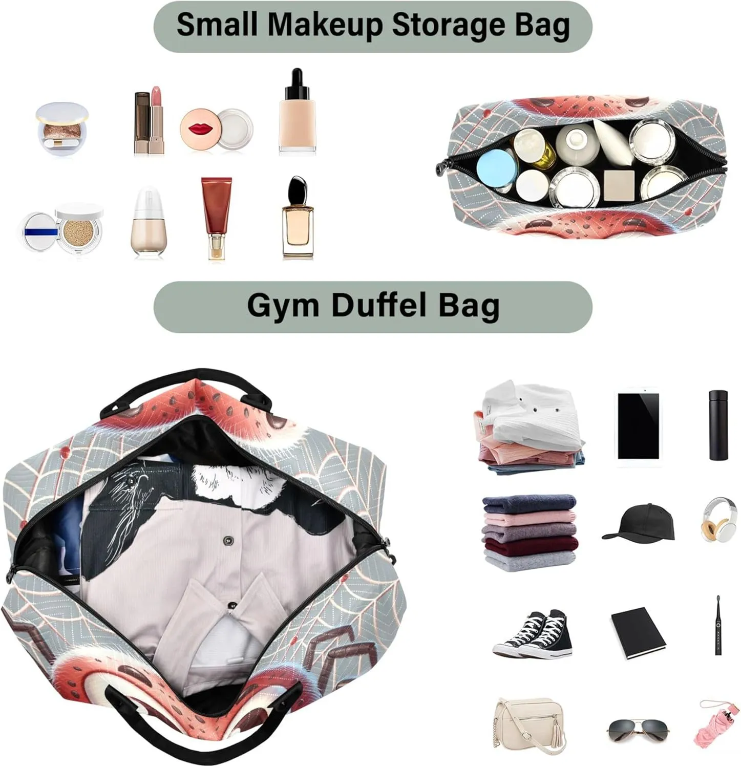 Cute Cartoon Spider Web Travel Duffle Women Makeup Pouch Set of 2, Modern Sports Dance Bag Weekender Travel Bag