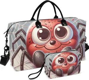 Cute Cartoon Spider Web Travel Duffle Women Makeup Pouch Set of 2, Modern Sports Dance Bag Weekender Travel Bag