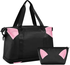 Cute Cat Ear Gym Bag Sport Training Bag with Toiletry Bag for Business Trips Large Capacity