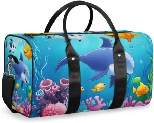 Cute Dolphin Travel Duffle Bag for Women Men Gym Duffel Foldable Bag Waterproof Weekender Blue Sea World Duffle Tote