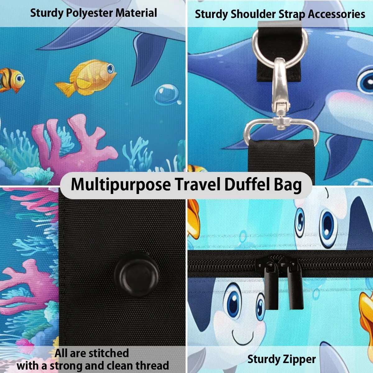 Cute Dolphin Travel Duffle Bag for Women Men Gym Duffel Foldable Bag Waterproof Weekender Blue Sea World Duffle Tote
