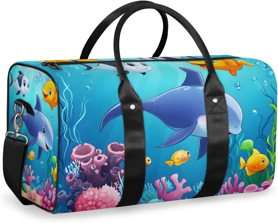 Cute Dolphin Travel Duffle Bag for Women Men Gym Duffel Foldable Bag Waterproof Weekender Blue Sea World Duffle Tote