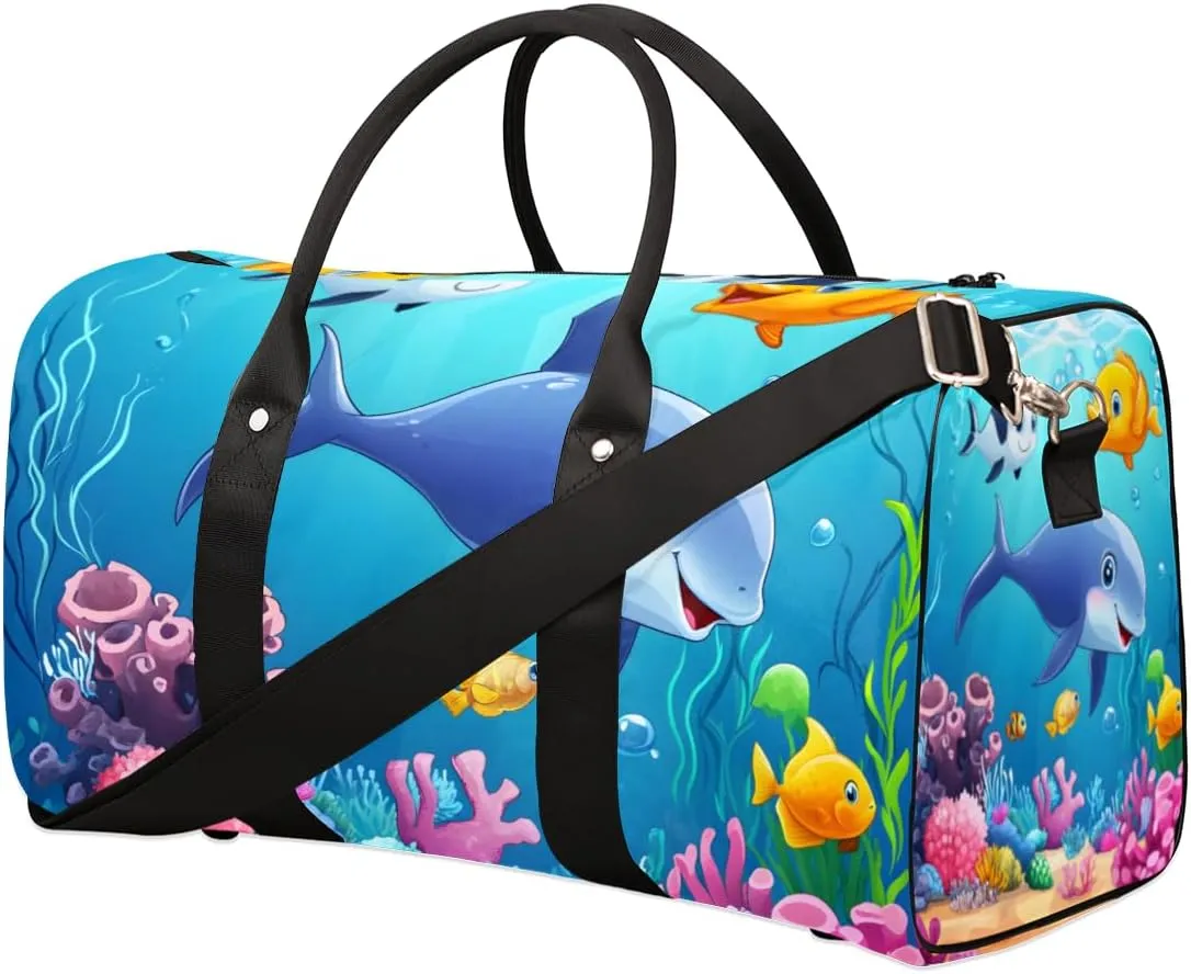 Cute Dolphin Travel Duffle Bag for Women Men Gym Duffel Foldable Bag Waterproof Weekender Blue Sea World Duffle Tote