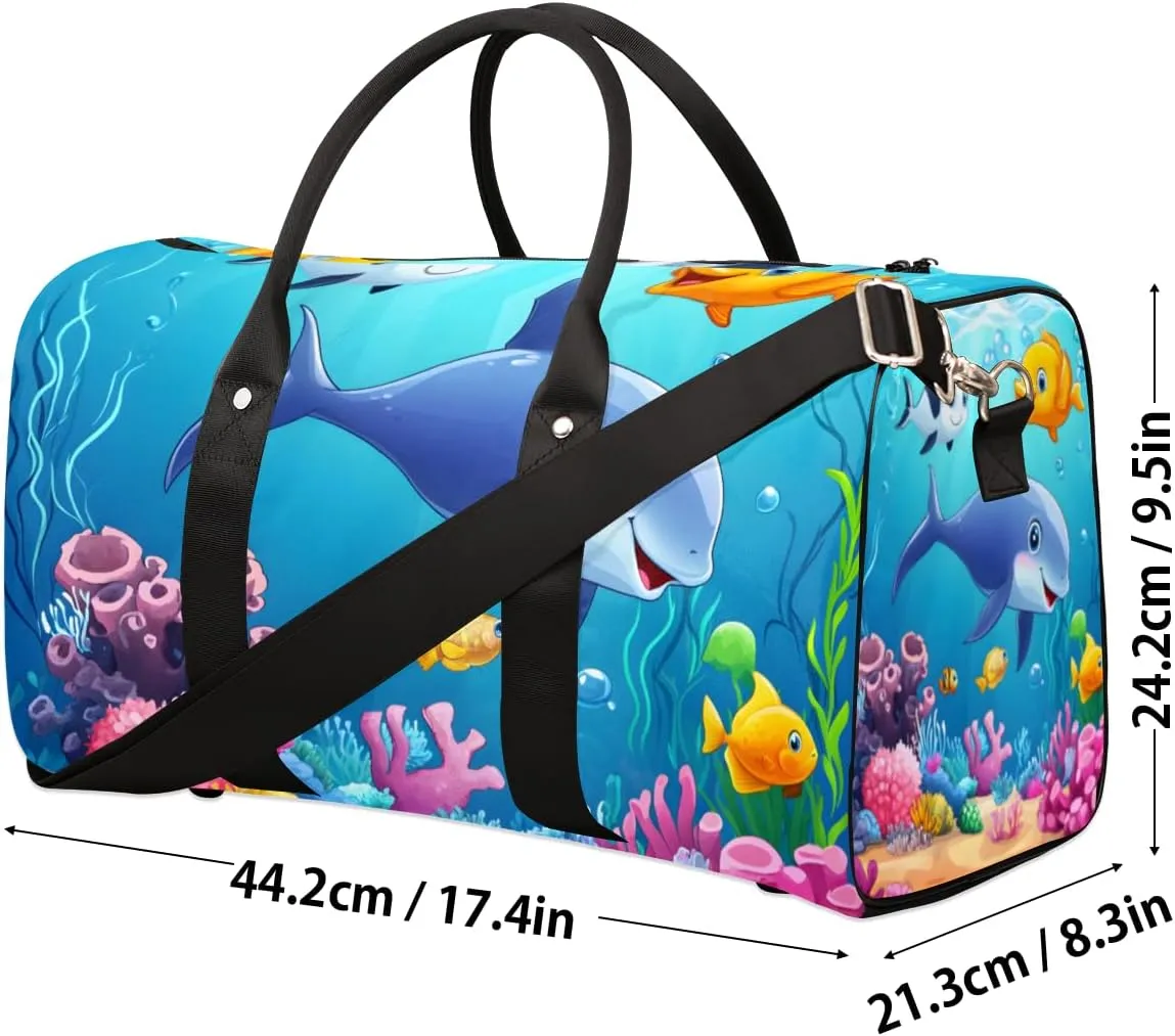Cute Dolphin Travel Duffle Bag for Women Men Gym Duffel Foldable Bag Waterproof Weekender Blue Sea World Duffle Tote