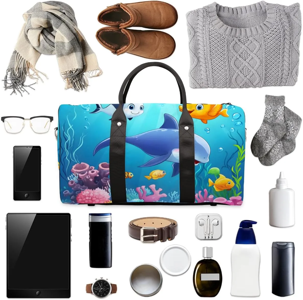 Cute Dolphin Travel Duffle Bag for Women Men Gym Duffel Foldable Bag Waterproof Weekender Blue Sea World Duffle Tote