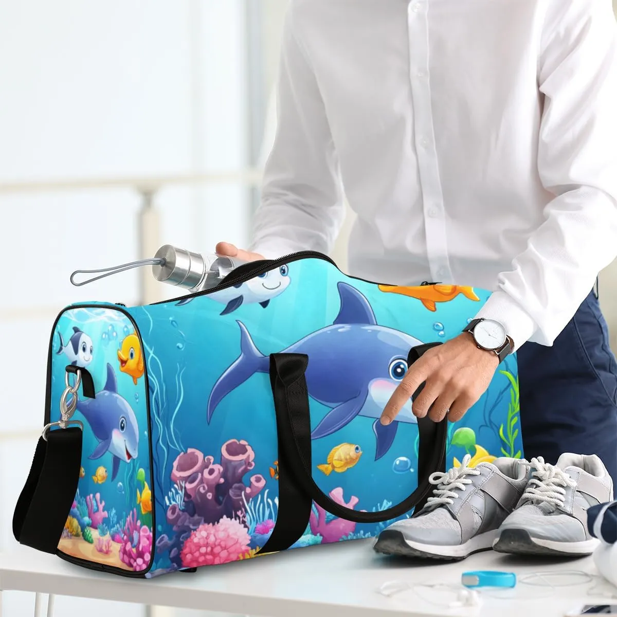 Cute Dolphin Travel Duffle Bag for Women Men Gym Duffel Foldable Bag Waterproof Weekender Blue Sea World Duffle Tote