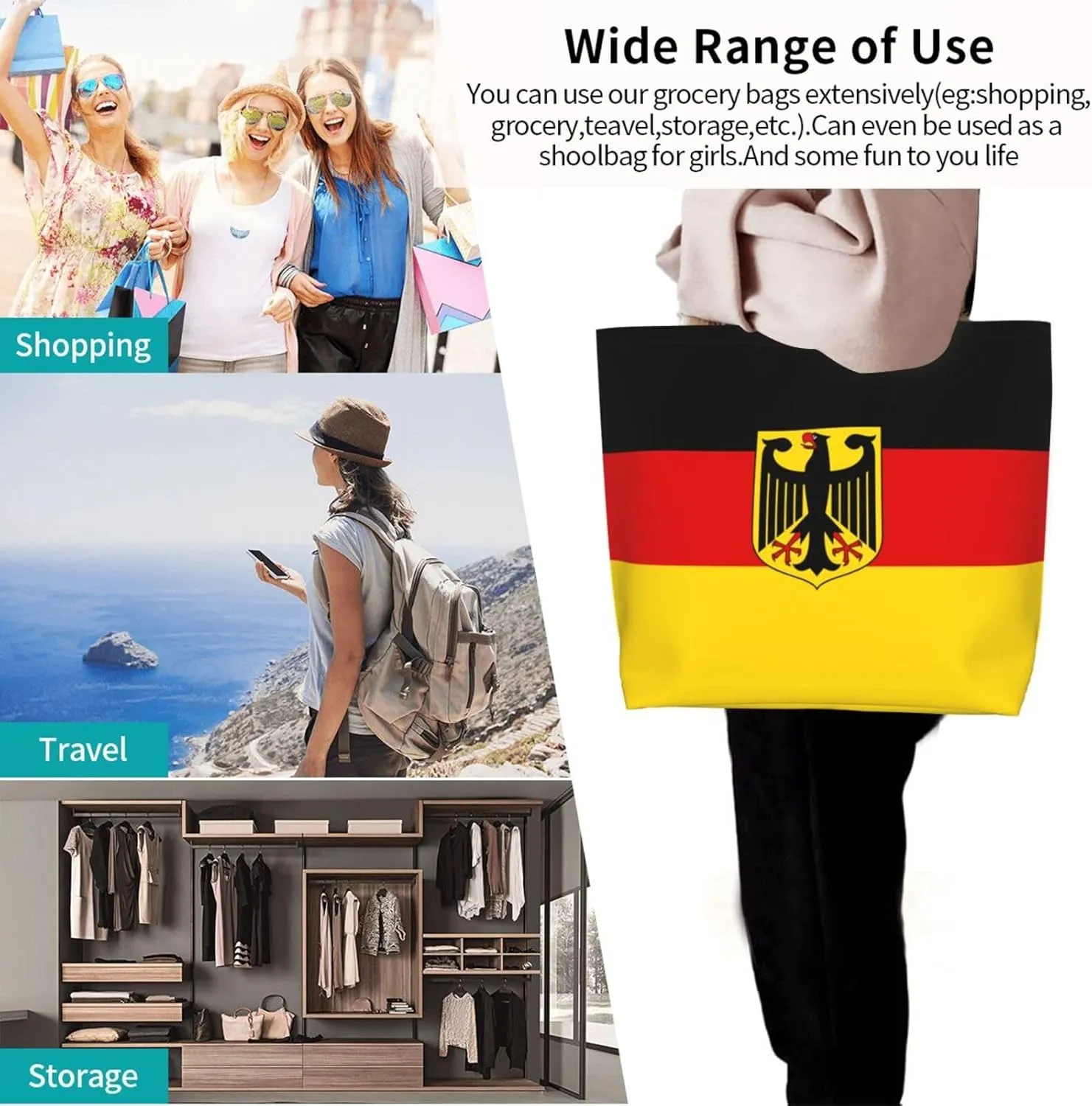 Cute Flag Large Tote Bag For Women Men Reusable Grocery Bag Shopping Shoulder Bag For Travel Work Beach Gym