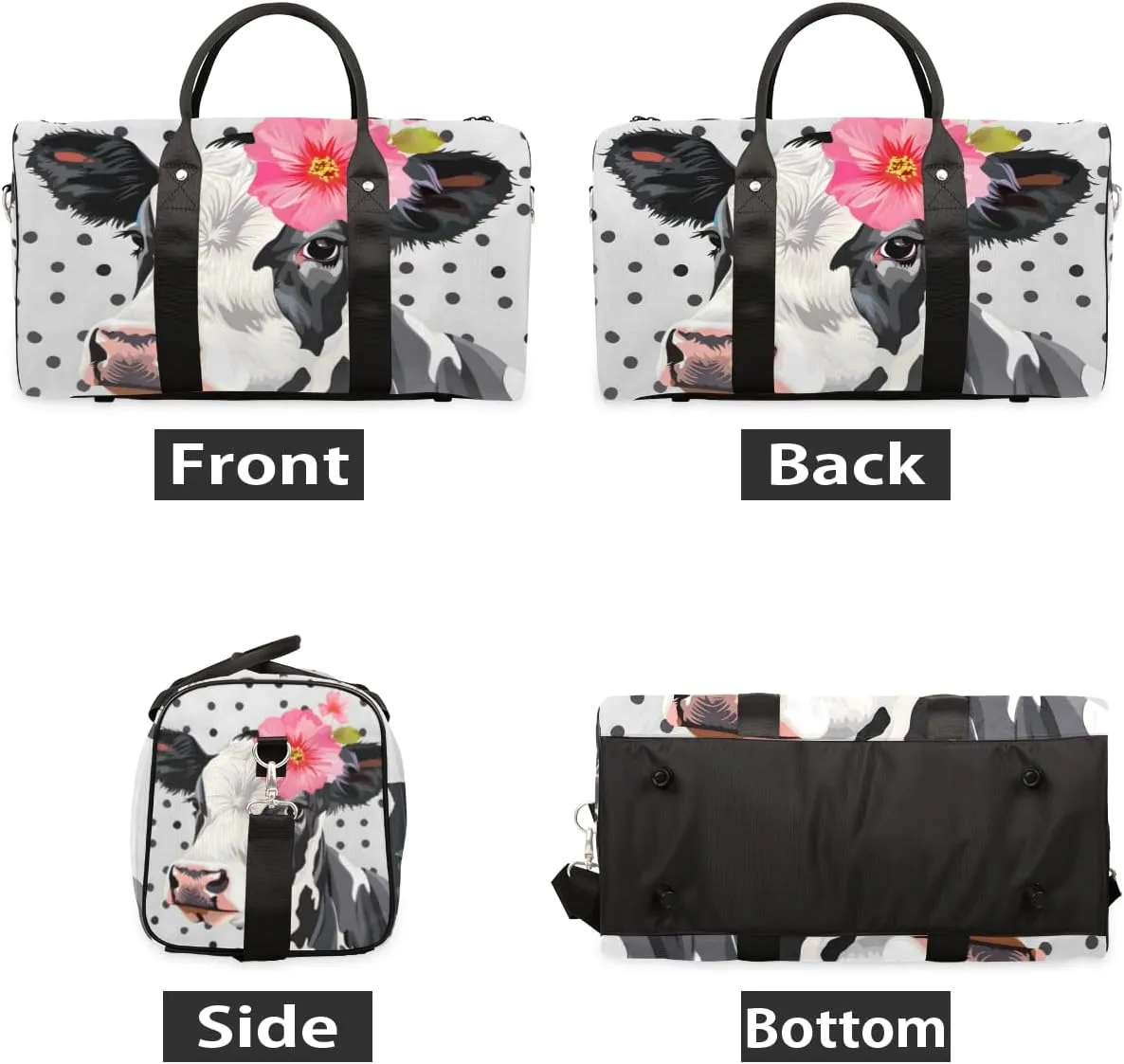 Cute Milk Cow Travel Duffle Bag for Women Men Gym Duffel Foldable Bag Waterproof Weekender Black Dots Duffle Tote