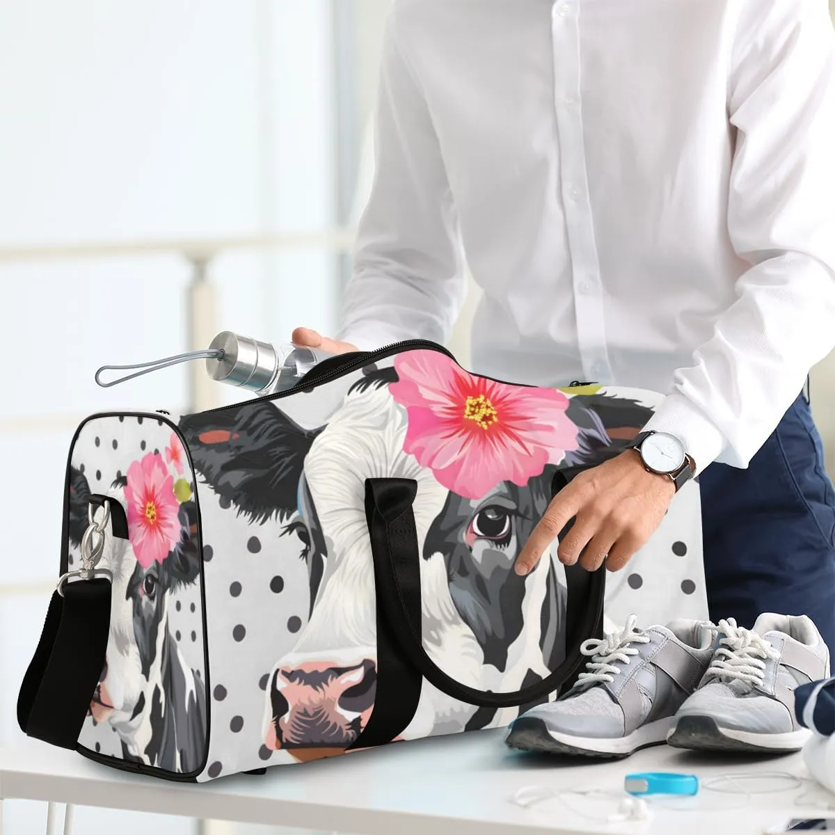 Cute Milk Cow Travel Duffle Bag for Women Men Gym Duffel Foldable Bag Waterproof Weekender Black Dots Duffle Tote