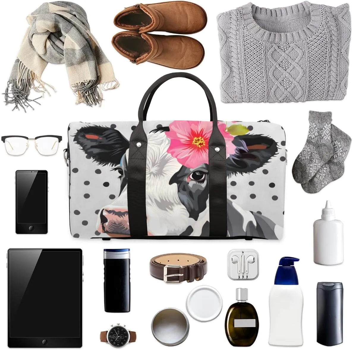 Cute Milk Cow Travel Duffle Bag for Women Men Gym Duffel Foldable Bag Waterproof Weekender Black Dots Duffle Tote