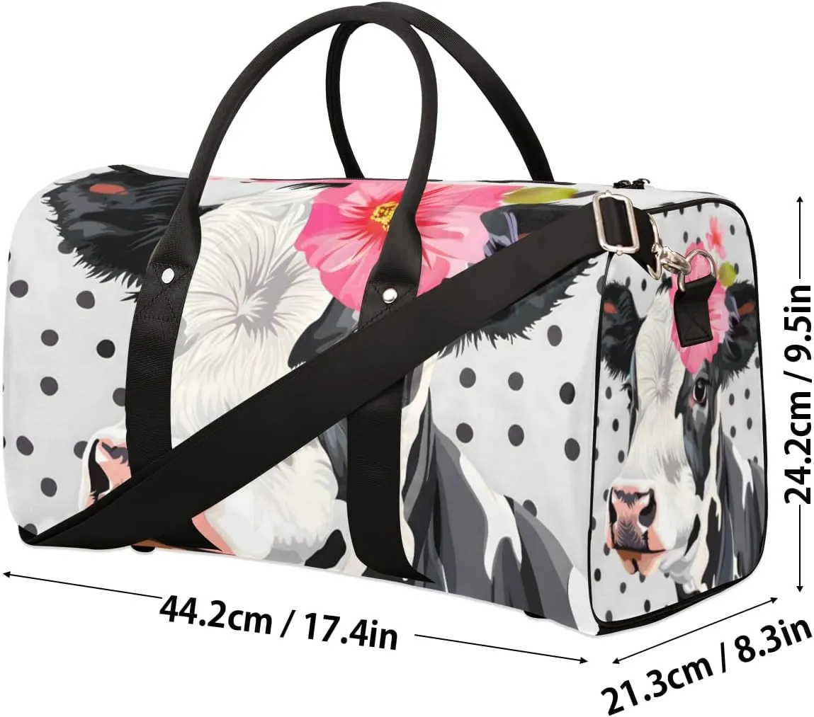 Cute Milk Cow Travel Duffle Bag for Women Men Gym Duffel Foldable Bag Waterproof Weekender Black Dots Duffle Tote