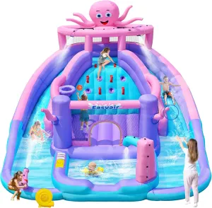 Cute Octopus Inflatable Water Slides, Bounce House, Climbing Wall, Slides, Deep Pool, Basketball Hoop, Ring Toss Game and Splash Pool, Includes 520W Blower