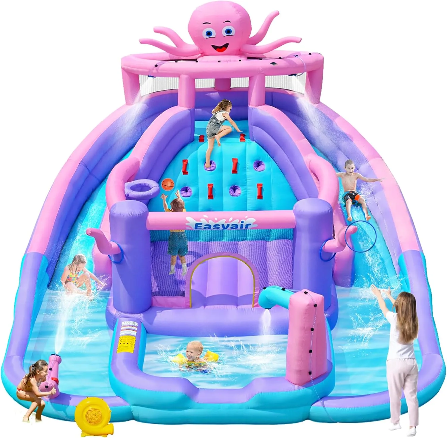 Cute Octopus Inflatable Water Slides, Bounce House, Climbing Wall, Slides, Deep Pool, Basketball Hoop, Ring Toss Game and Splash Pool, Includes 520W Blower