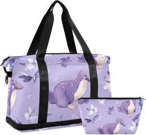 Cute Platypus Purple Travel Tote Bag Weekender Bag with Toiletry Bag for Workout 2 Pcs Set