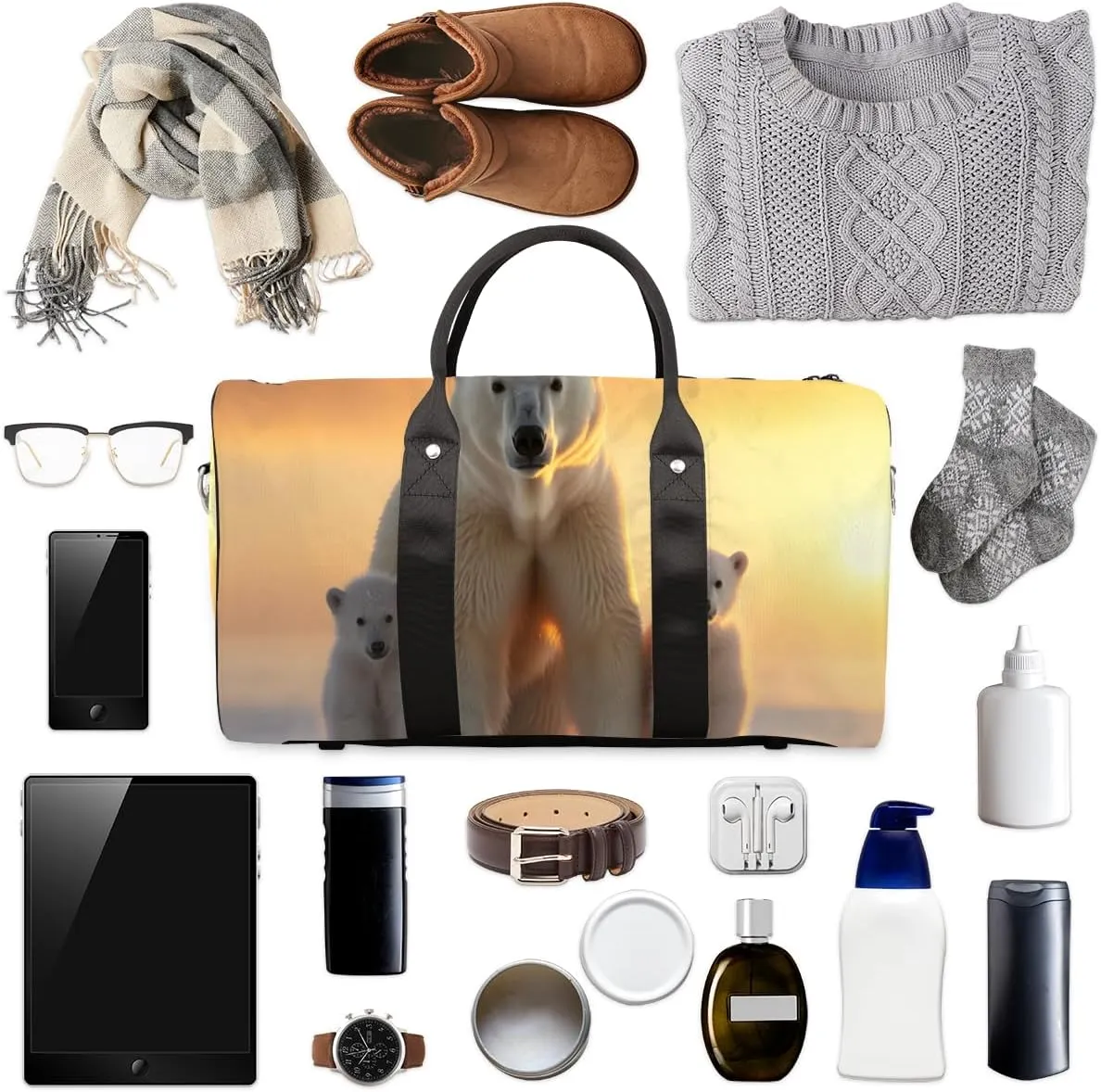 Cute Polar Bear Travel Duffle Bag for Women Men Gym Duffel Foldable Bag Waterproof Weekender Wild Animals Snowy Duffle Tote