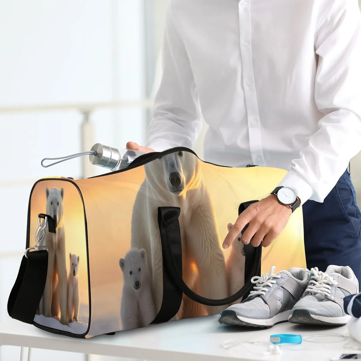 Cute Polar Bear Travel Duffle Bag for Women Men Gym Duffel Foldable Bag Waterproof Weekender Wild Animals Snowy Duffle Tote