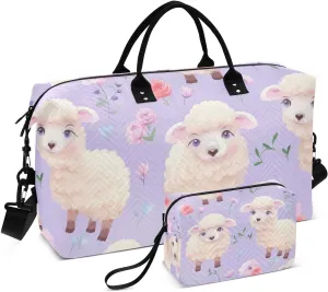 Cute Sheeps Flowers Travel Duffel Bag with Toiletry Bag Weekender Bag for Carry on Sports Gym Bag for Overnight Weekend