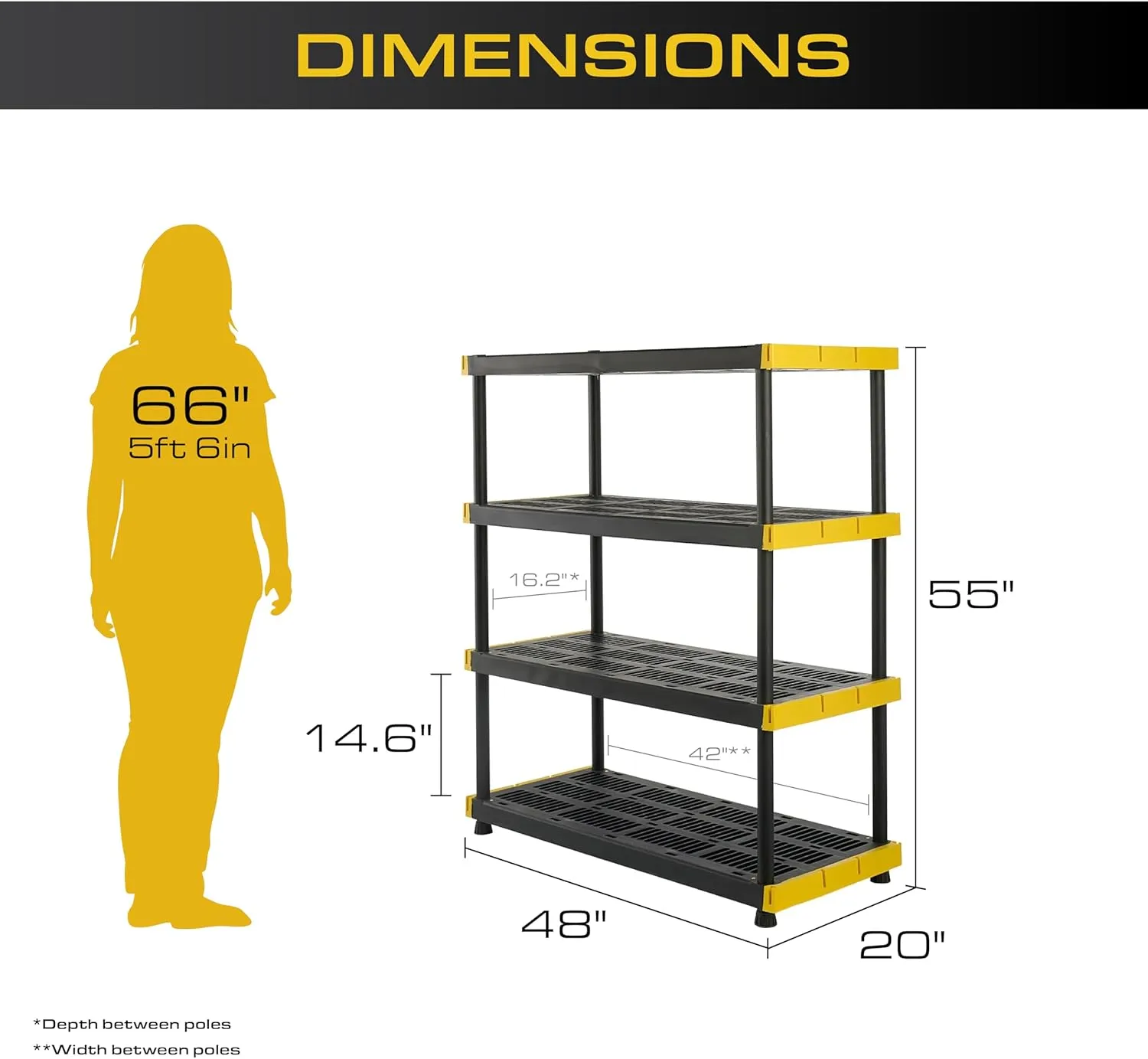 CX Black & Yellow®, 4-Tier Heavy Duty Plastic Storage Shelving Unit, 200lbs/shelf (55”H x 48”W x 20”D), for Indoor/Outdoor Organization, Modular Rack