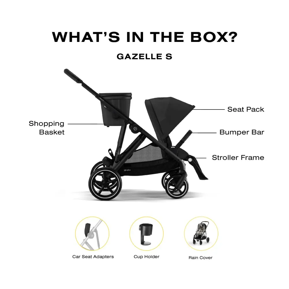Cybex Gazelle S All-in-One Toddler and Baby Stroller with Over 20 Modular Configurations, Ergonomic Near-Flat Recline, Shopper Basket, and Compact Fold,Moon Black, Black Frame