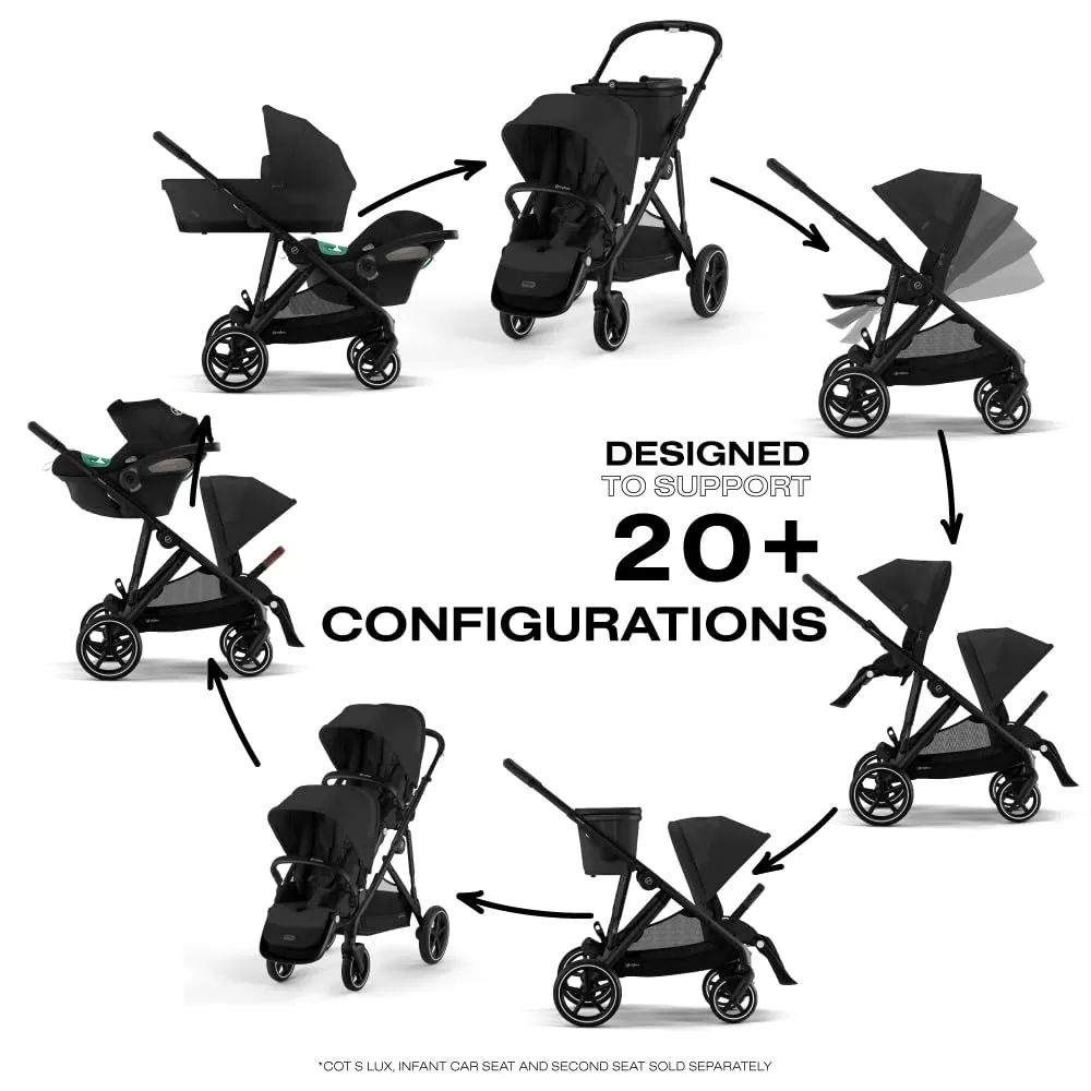 Cybex Gazelle S All-in-One Toddler and Baby Stroller with Over 20 Modular Configurations, Ergonomic Near-Flat Recline, Shopper Basket, and Compact Fold,Moon Black, Black Frame