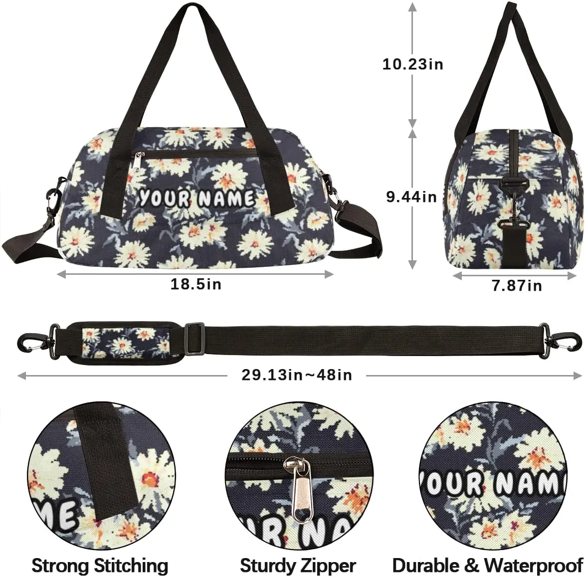 Daisy Flower Print Personalized Kids Duffel Bag for Girls Boys, Daisy Debris Custom Dance Bag Overnight Small Duffel Bag Carry On Weekend Sports Travel Bag for School Practice Gymnastics Ballet