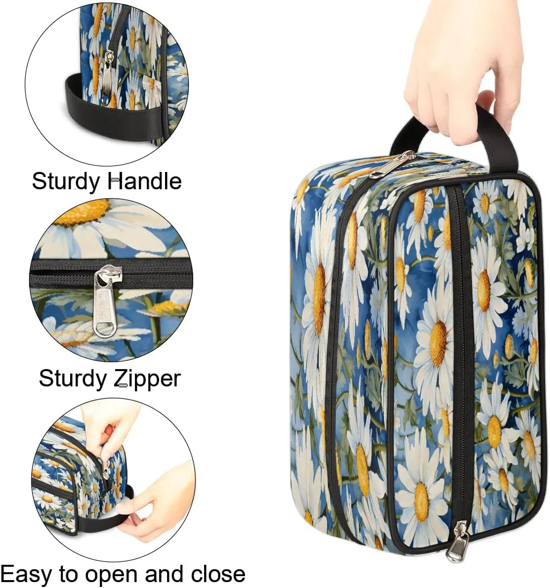 Daisy Flower Travel Toiletry Bag for Women Men Waterproof Cosmetic Makeup Bag Shaving Bag Storage Bags with Handle for Toiletries and Shaving Accessories