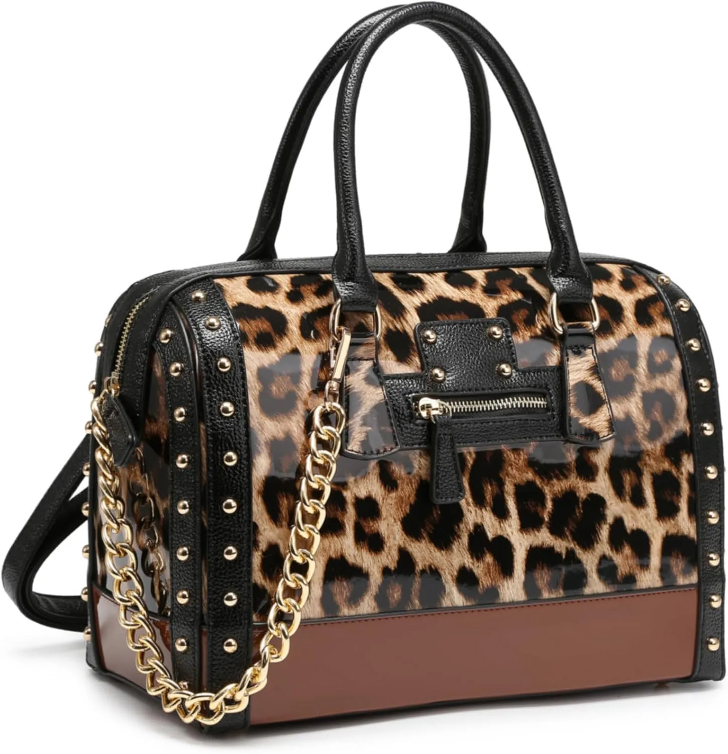 Dasein Women's Barrel Bag Shiny Patent Faux Leather Handbag with Rivet Decoration Top Handle Satchel Shoulder Purse