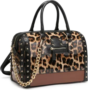 Dasein Women's Barrel Bag Shiny Patent Faux Leather Handbag with Rivet Decoration Top Handle Satchel Shoulder Purse