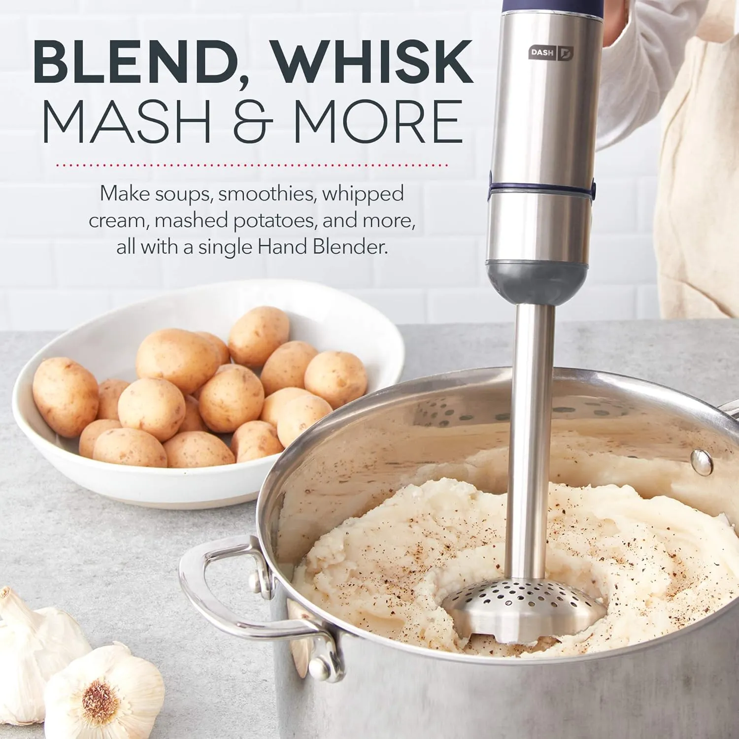 Dash Chef Series Deluxe Immersion Hand Blender, 5 Speed Stick Blender with Stainless Steel Blades, Dough Hooks, Food Processor, Grate, Mash, Slice, Whisk Attachments and Recipe Guide – Midnight