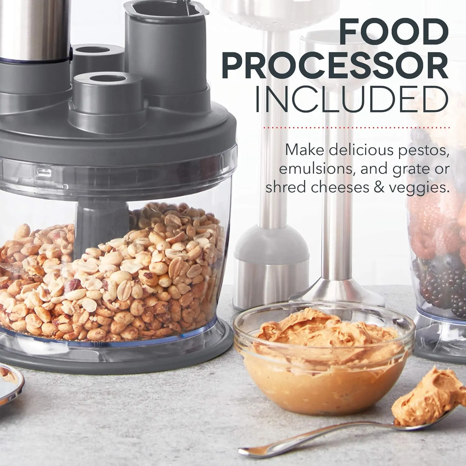 Dash Chef Series Deluxe Immersion Hand Blender, 5 Speed Stick Blender with Stainless Steel Blades, Dough Hooks, Food Processor, Grate, Mash, Slice, Whisk Attachments and Recipe Guide – Midnight