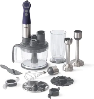 Dash Chef Series Deluxe Immersion Hand Blender, 5 Speed Stick Blender with Stainless Steel Blades, Dough Hooks, Food Processor, Grate, Mash, Slice, Whisk Attachments and Recipe Guide – Midnight