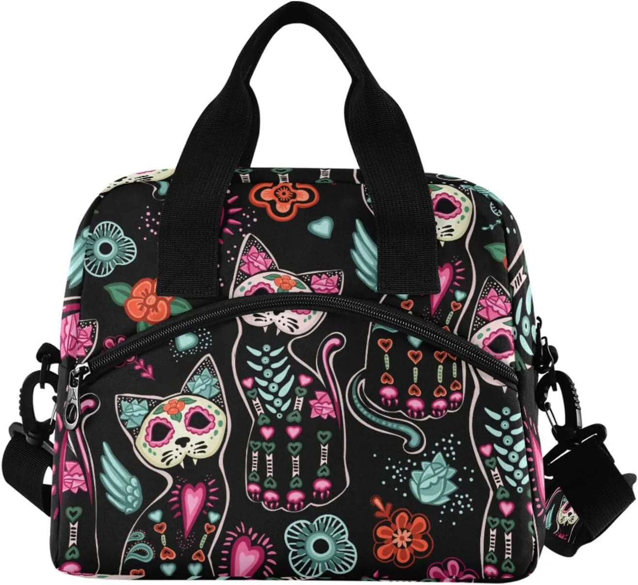 Death and Halloween Cats Insulated Lunch Bag Reusable Lunch Tote Bag Cooler Bag for Women Men Adult Lunch Box with Adjustable Shoulder Strap Leakproof Lunch Bag for Work School Picnic Camping