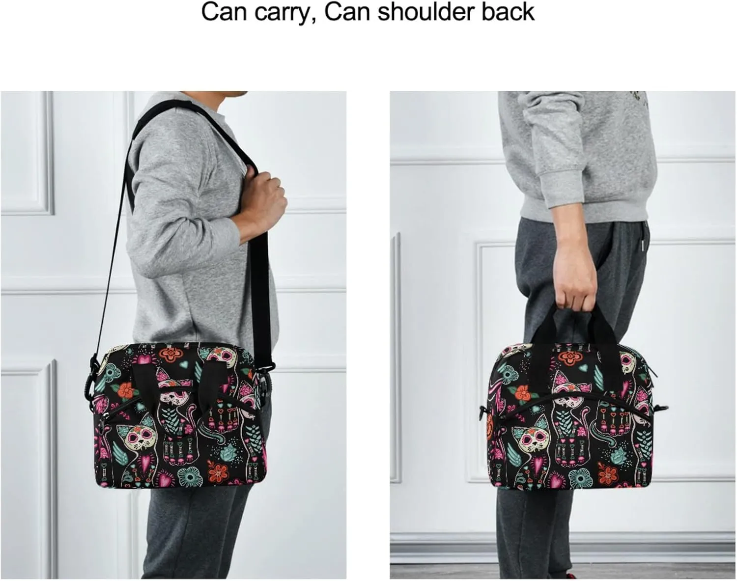 Death and Halloween Cats Insulated Lunch Bag Reusable Lunch Tote Bag Cooler Bag for Women Men Adult Lunch Box with Adjustable Shoulder Strap Leakproof Lunch Bag for Work School Picnic Camping