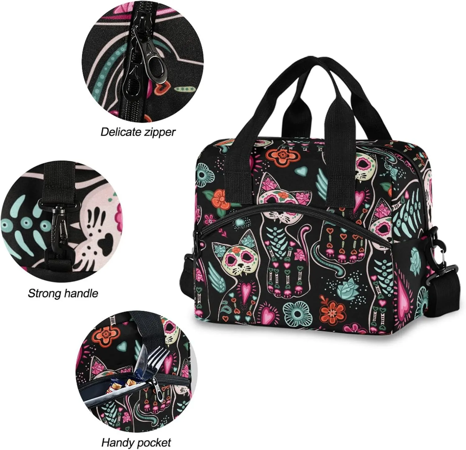 Death and Halloween Cats Insulated Lunch Bag Reusable Lunch Tote Bag Cooler Bag for Women Men Adult Lunch Box with Adjustable Shoulder Strap Leakproof Lunch Bag for Work School Picnic Camping