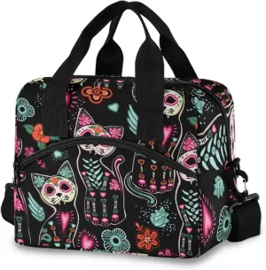 Death and Halloween Cats Insulated Lunch Bag Reusable Lunch Tote Bag Cooler Bag for Women Men Adult Lunch Box with Adjustable Shoulder Strap Leakproof Lunch Bag for Work School Picnic Camping