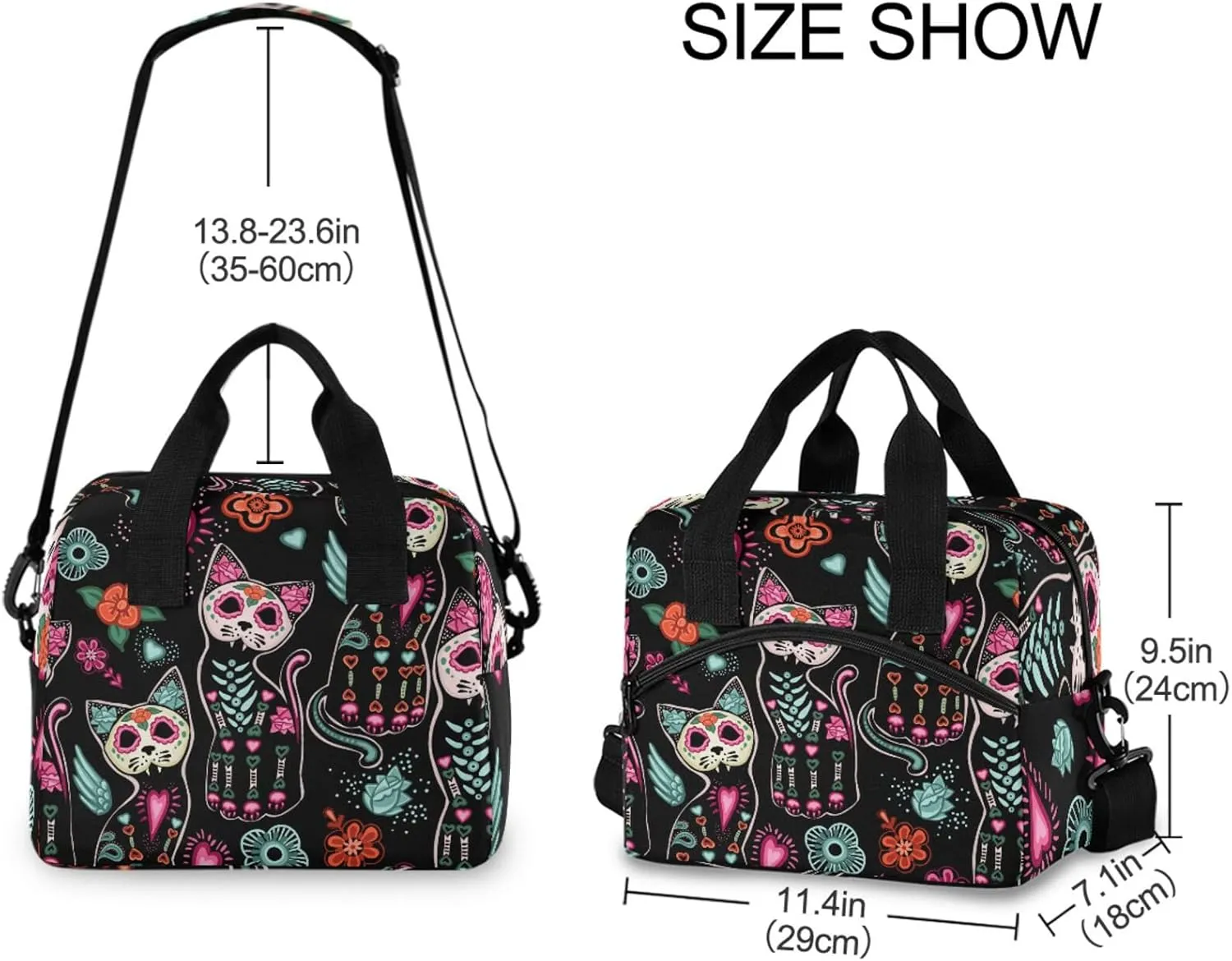 Death and Halloween Cats Insulated Lunch Bag Reusable Lunch Tote Bag Cooler Bag for Women Men Adult Lunch Box with Adjustable Shoulder Strap Leakproof Lunch Bag for Work School Picnic Camping