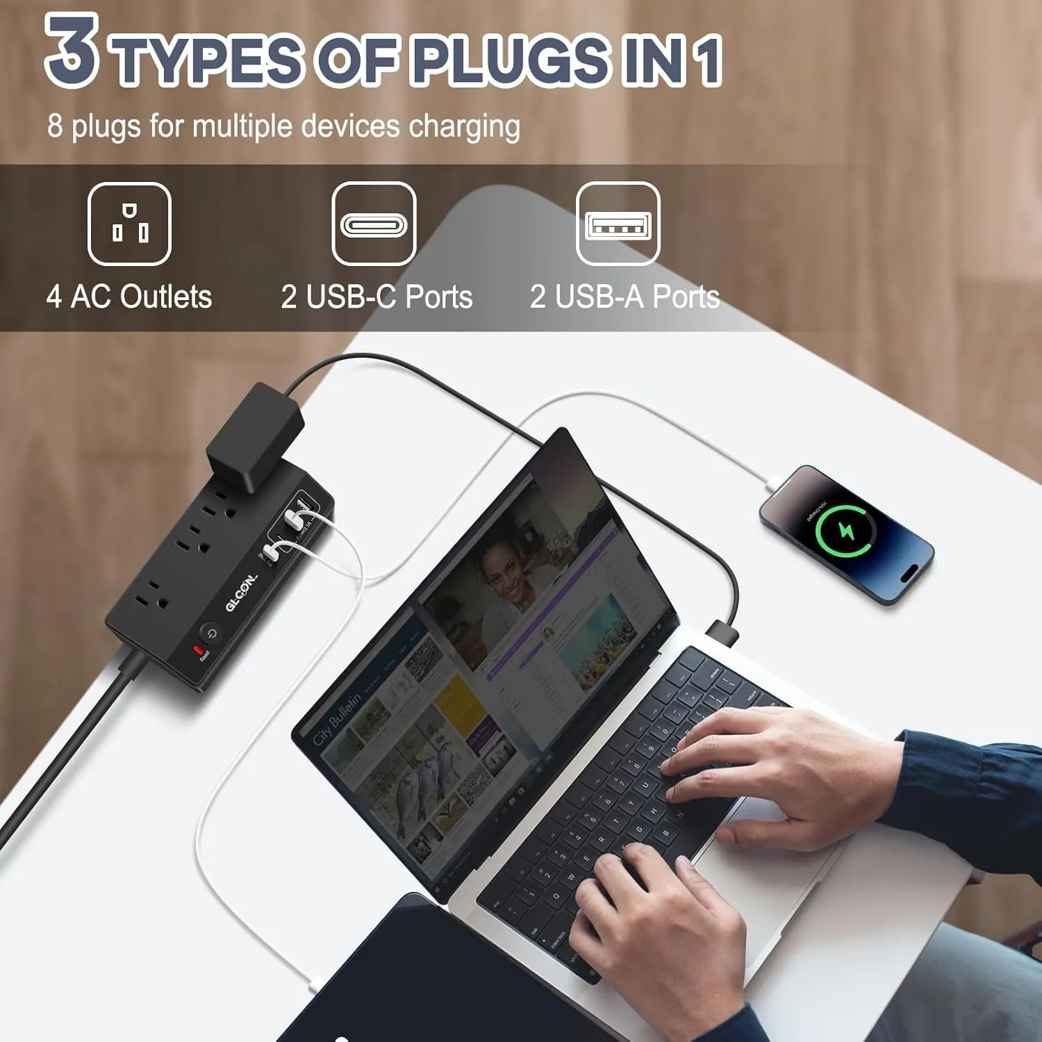 Desk Clamp Power Strip - 20W USB C Fast Charging Station - Desk Power Strip Flat Plug Extension Cord 10FT with 4 USB Ports   4 Outlets - Desktop Mount Surge Protector - Fit 1.8" Tabletop Edge