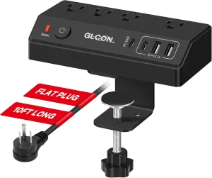 Desk Clamp Power Strip - 20W USB C Fast Charging Station - Desk Power Strip Flat Plug Extension Cord 10FT with 4 USB Ports   4 Outlets - Desktop Mount Surge Protector - Fit 1.8" Tabletop Edge