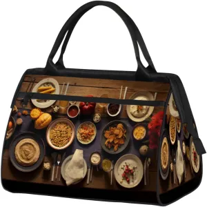 Different Foods On Wooden Table Gym Bag for Women Men, Travel Sports Duffel Bag with Trolley Sleeve, Waterproof Sports Gym Bag Weekender Overnight Bag Carry On Tote Bag for Travel Gym Sport