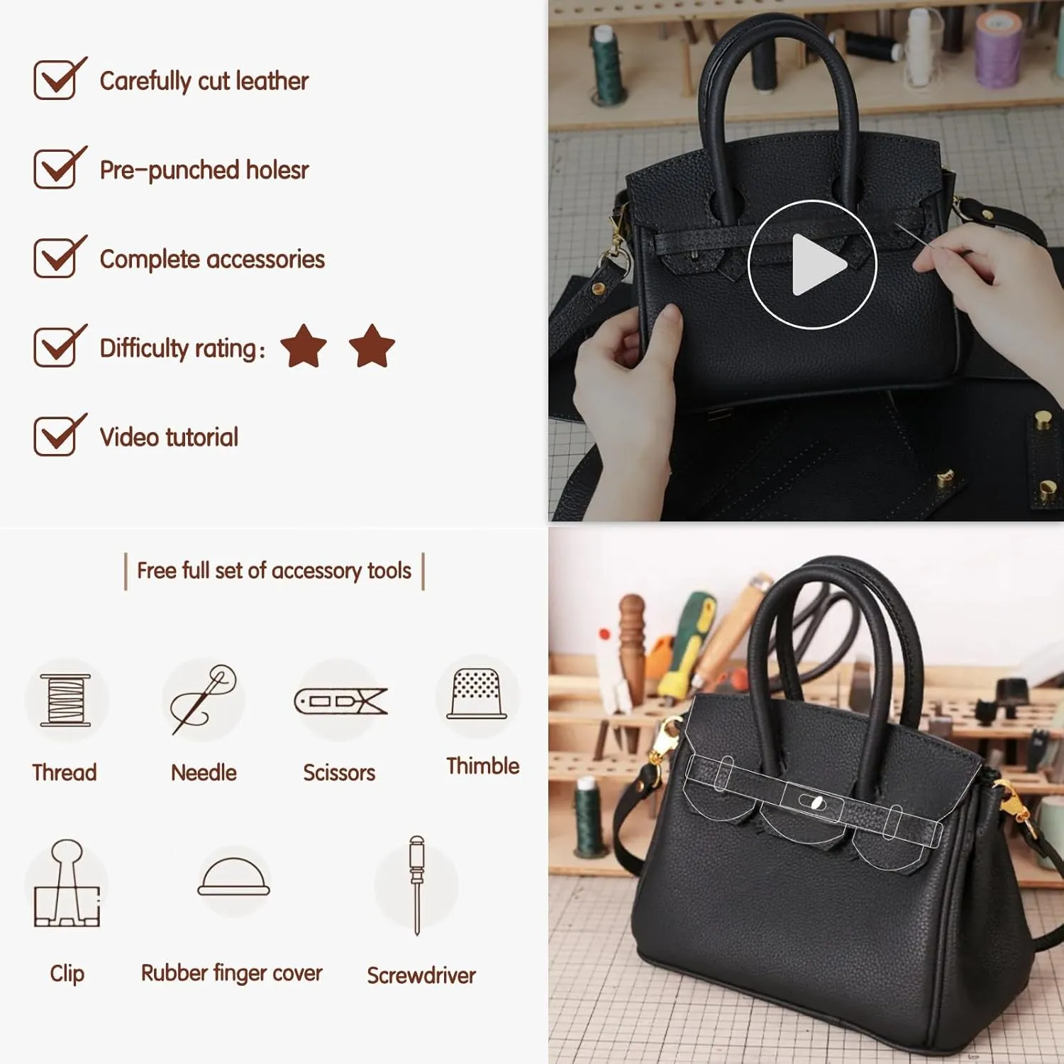 DIY Full-Grain Leather Crossbody Bag Kit, Personalized Designer Handbag for Women, Perfect Holiday Gift, Handmade Shoulder Bag Sewing Kit for Ladies. (Blue)