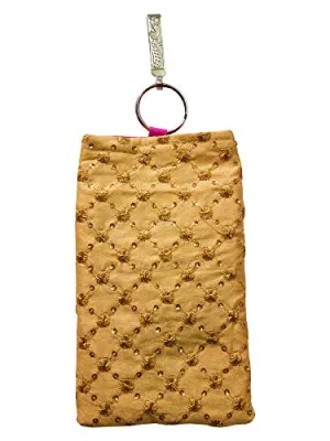 DMS RETAIL Golden Ethnic Embroidered Mobile Pouch for Women with Waist Clip and Belt