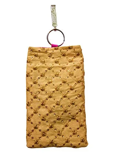DMS RETAIL Golden Ethnic Embroidered Mobile Pouch for Women with Waist Clip and Belt