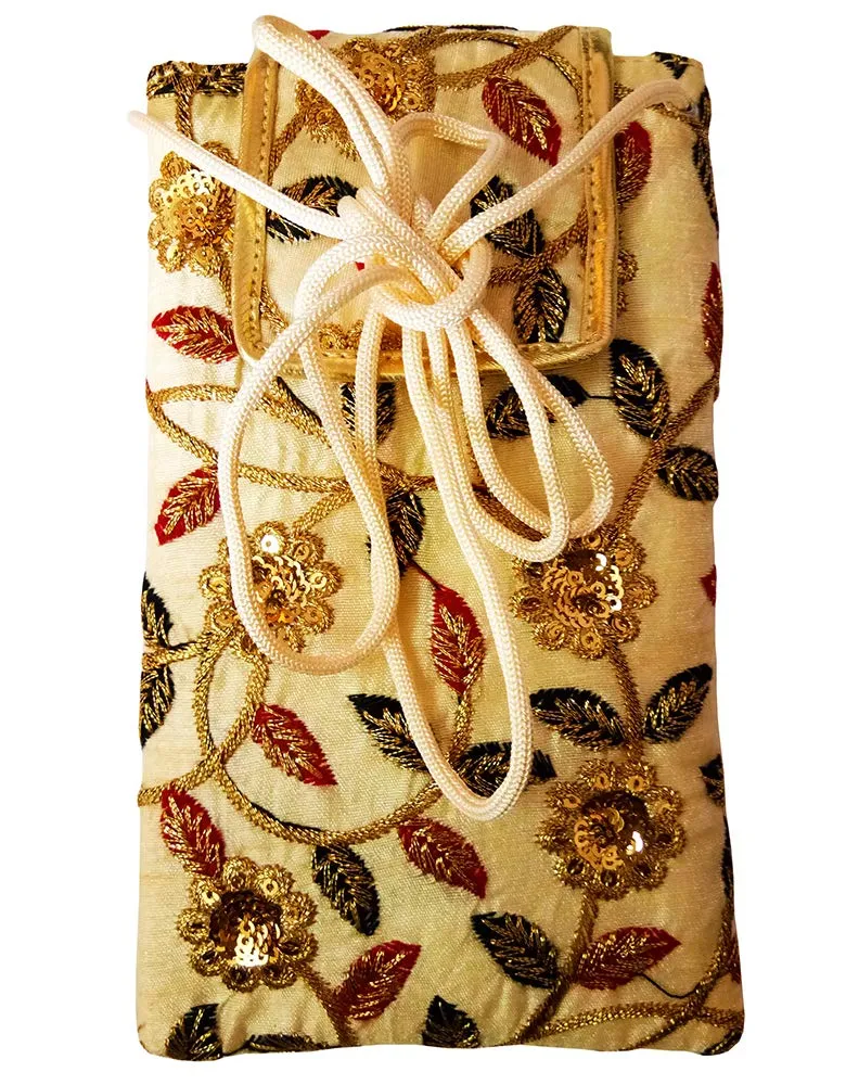 DMS RETAIL Multicolored Golden Ethnic Embroidered Mobile Pouch for Women with Waist Clip and Belt