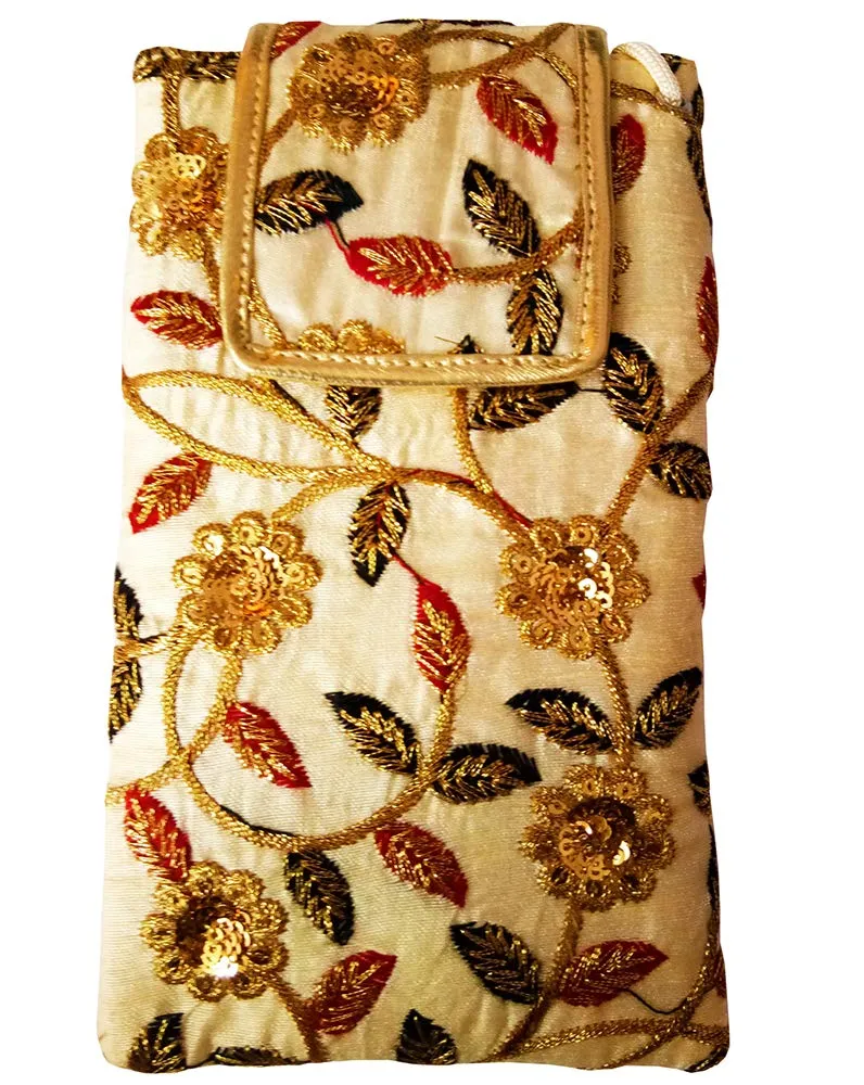 DMS RETAIL Multicolored Golden Ethnic Embroidered Mobile Pouch for Women with Waist Clip and Belt