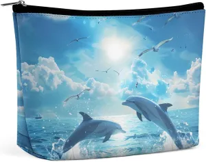 Dolphins Jumping Out of Water Travel Makeup Bag Toiletry Bags Waterproof Portable Pouch Make Up Organizer