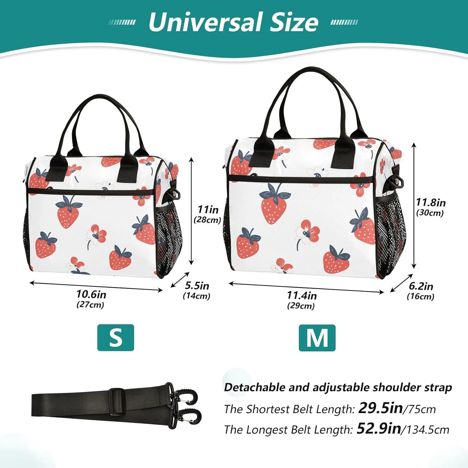 Doodle Strawberry and Flower Lunch Bag, Reusable Handheld Portable Insulated Lunch Bag with Removable Shoulder Strap