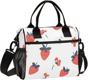 Doodle Strawberry and Flower Lunch Bag, Reusable Handheld Portable Insulated Lunch Bag with Removable Shoulder Strap